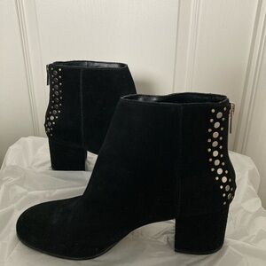 Lord & Taylor Black Suede Ankle Booties Chunky Heel Metallic Back Accents